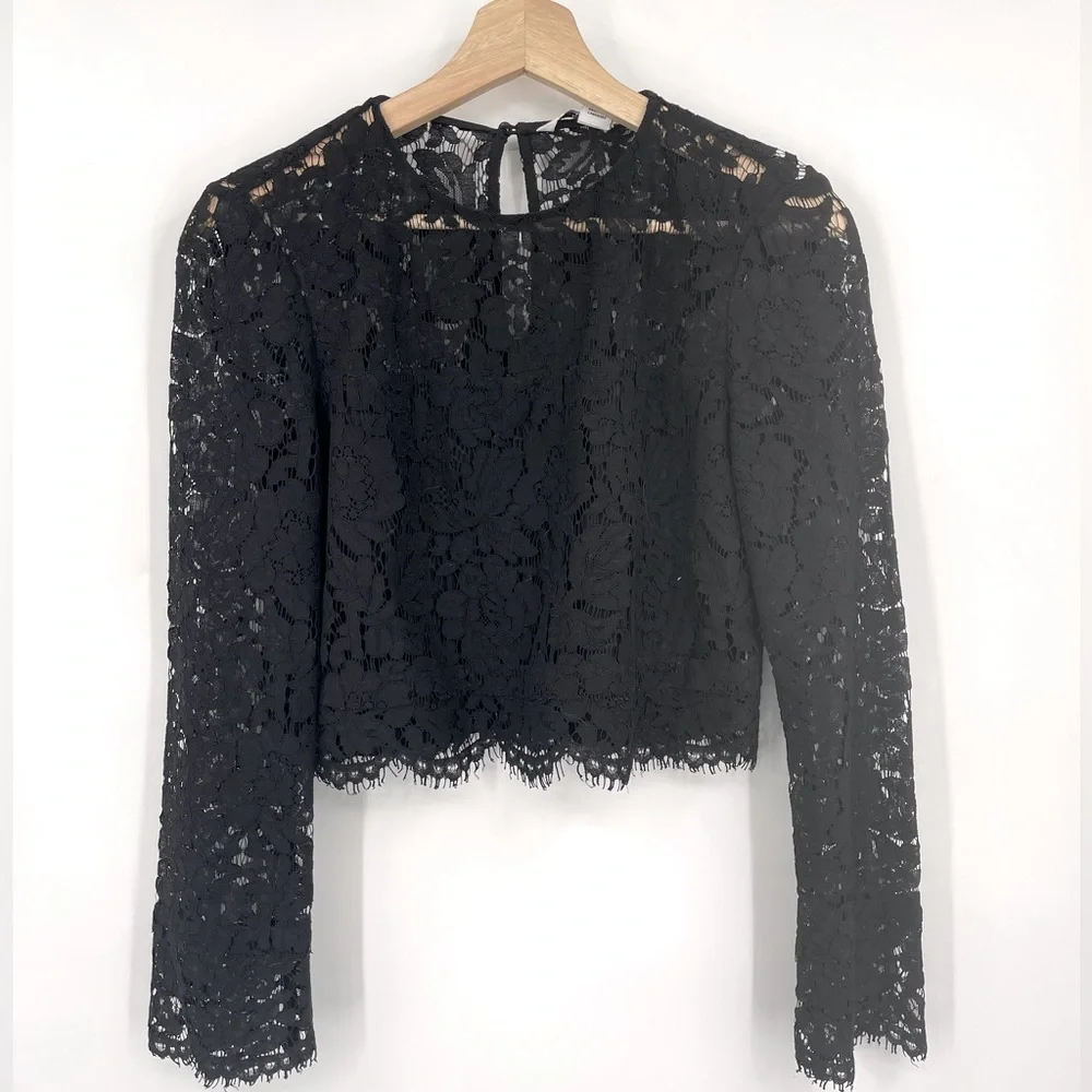 DIANE VON FURSTENBERG Blouse Yeva Long Sleeve Lace Top Black Size 0  MSRP $458